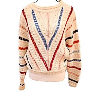 Chevron Crochet Knit Sweater Dear John Womens Small Cream Striped  Pullover Crop